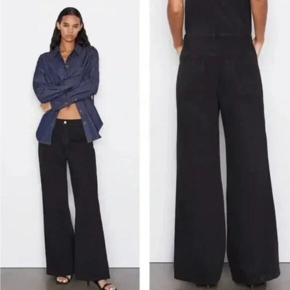 Frame Pants - FRAME Le Baggy Palazzo Jeans Black Wide Leg High Rise 70s Women's Sz 28 B16